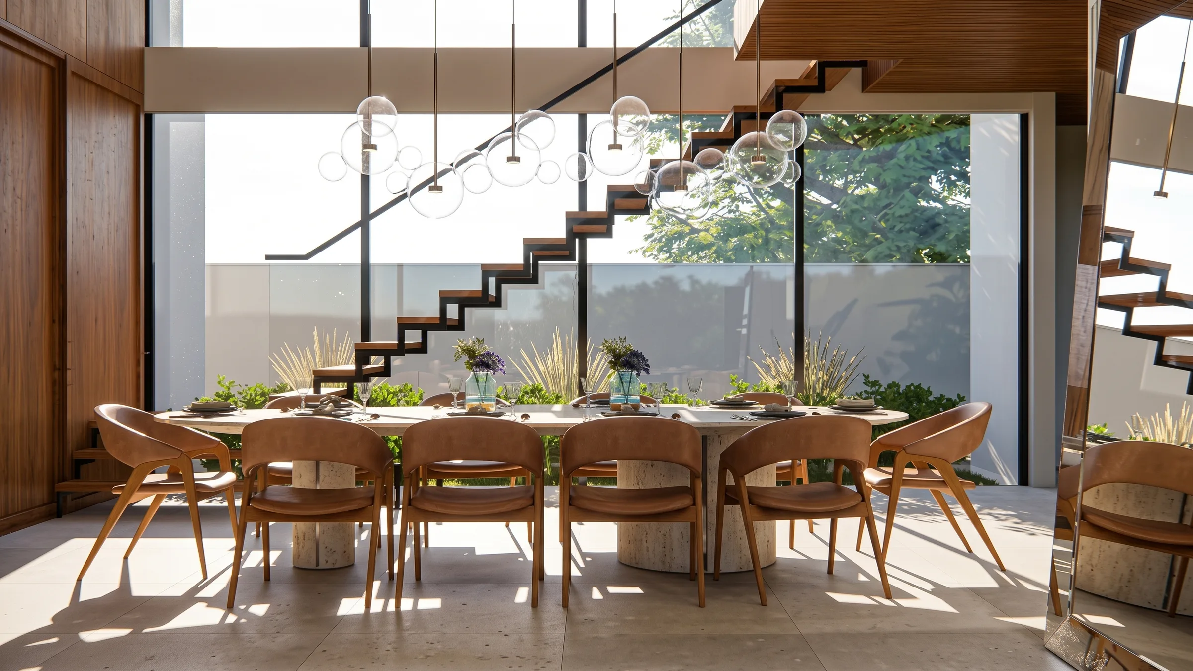 Sala de jantar integrada com mesa em pedra, cadeiras em couro e escada vazada, projeto de Camila Carrasco